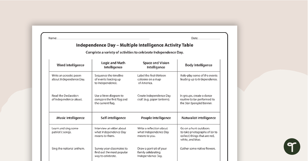 Independence Day - Multiple Intelligence Activity Table teaching resource