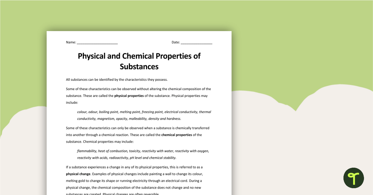 Physical and Chemical Properties of Substances Worksheet teaching resource