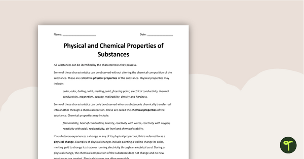 Physical and Chemical Properties of Substances - Sorting Task teaching resource