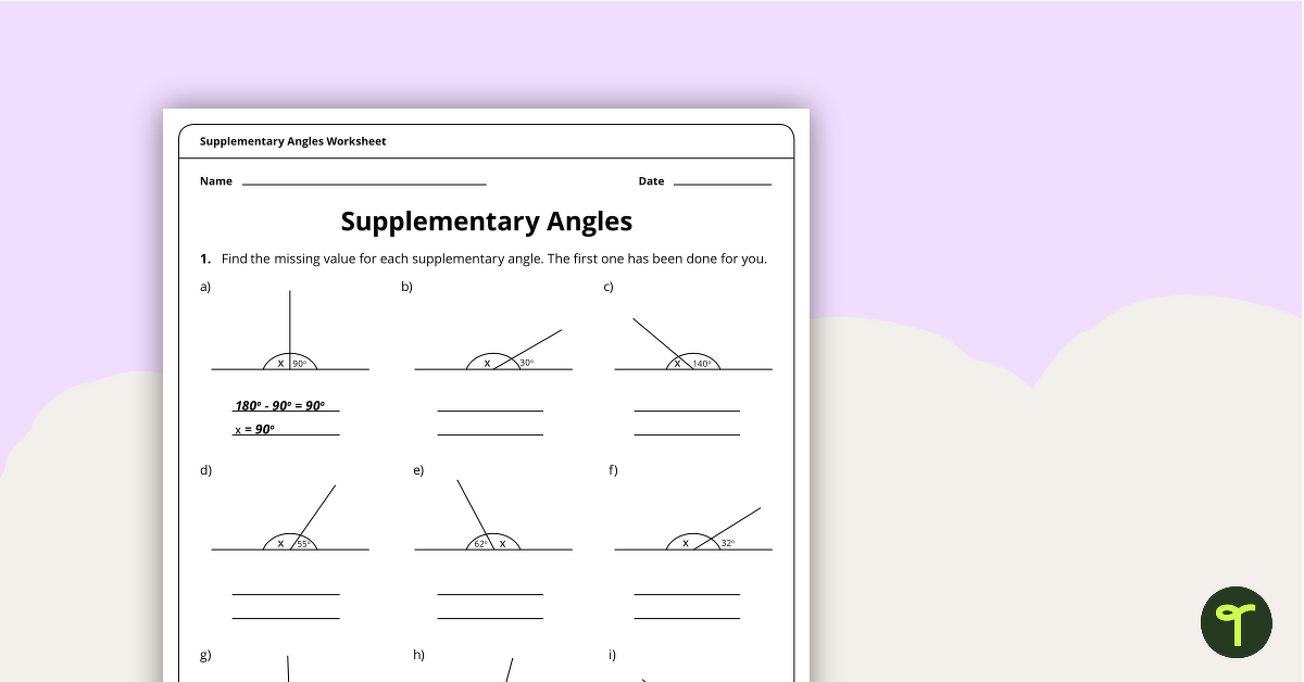 Supplementary Angles – Year 6 Maths Worksheet teaching resource