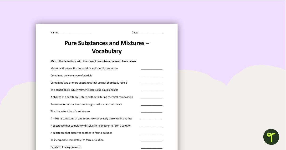 Pure Substances and Mixtures - Vocabulary Worksheet teaching resource