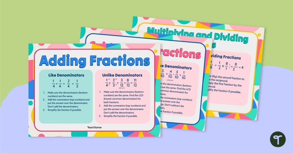 Go to Adding, Subtracting, Multiplying and Dividing Fractions Posters teaching resource