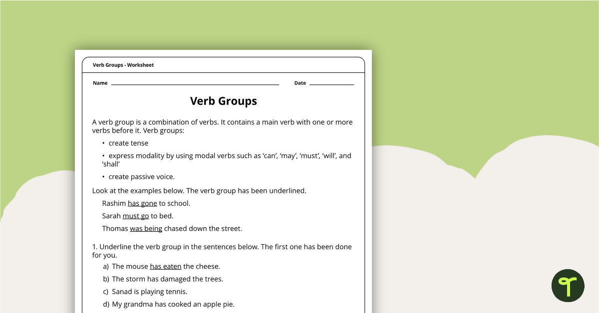 Verb Groups Worksheet teaching resource