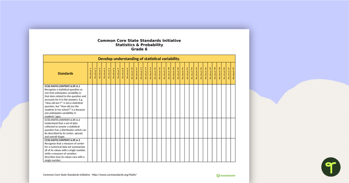 Common Core State Standards Progression Trackers - Grade 6 - Statistics & Probability teaching resource