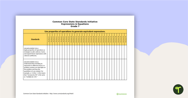 Go to Common Core State Standards Progression Trackers - Grade 7 - Expressions & Equations teaching resource