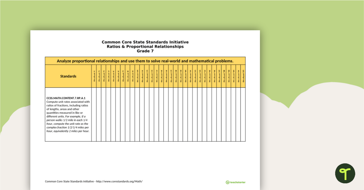 Common Core State Standards Progression Trackers - Grade 7 - Ratios & Proportional Relationships teaching resource