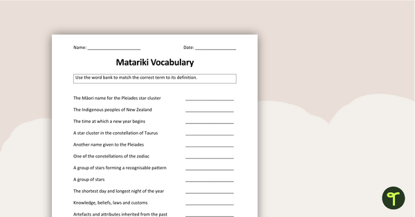 Matariki Word Wall Vocabulary teaching resource