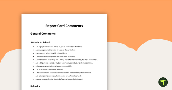 Report Card Comments teaching resource