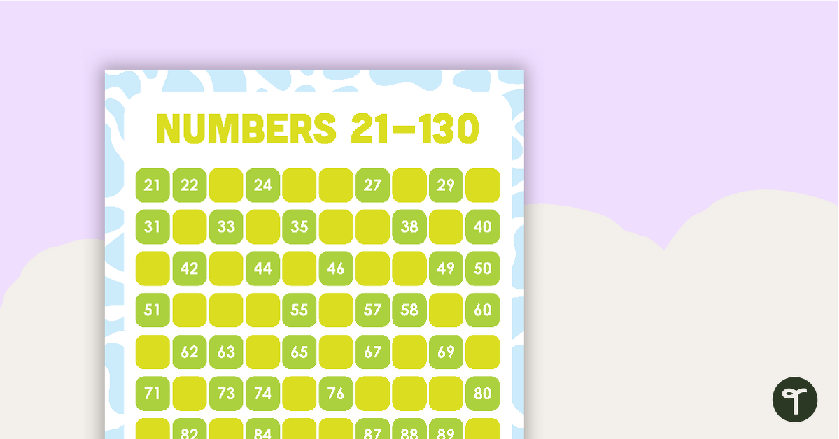 Numbers 21 -130 Chart - Missing Numbers teaching resource