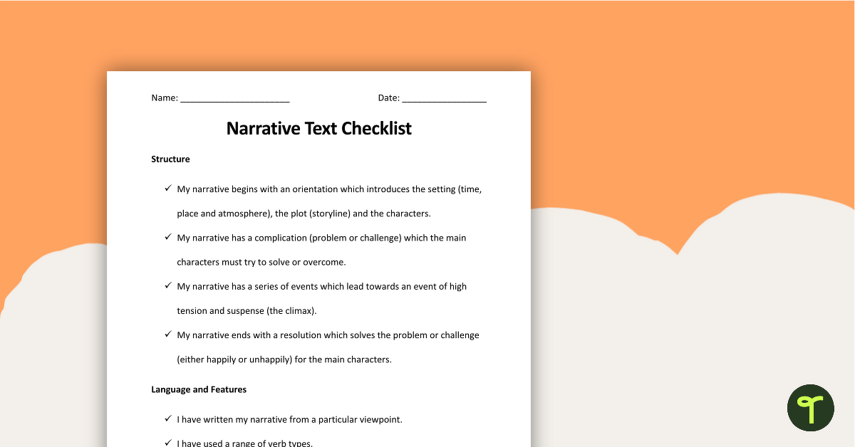 Narrative Writing Checklist — Structure, Language and Features teaching resource