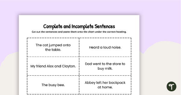 Complete and Incomplete Sentences Cut and Paste Worksheet teaching resource