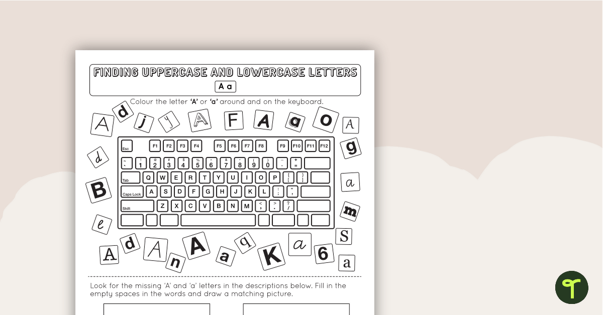 Recognising Uppercase and Lowercase Letters on a Keyboard Worksheet teaching resource