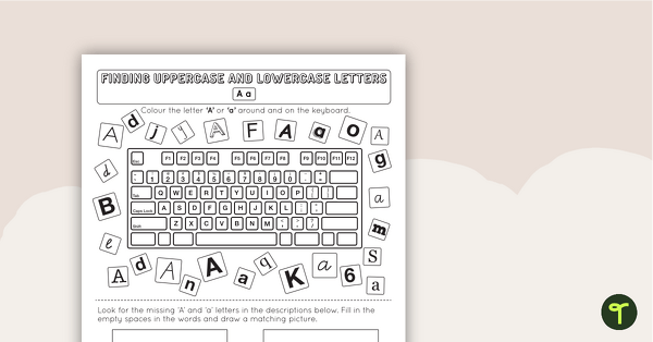Recognising Uppercase and Lowercase Letters on a Keyboard Worksheet teaching resource