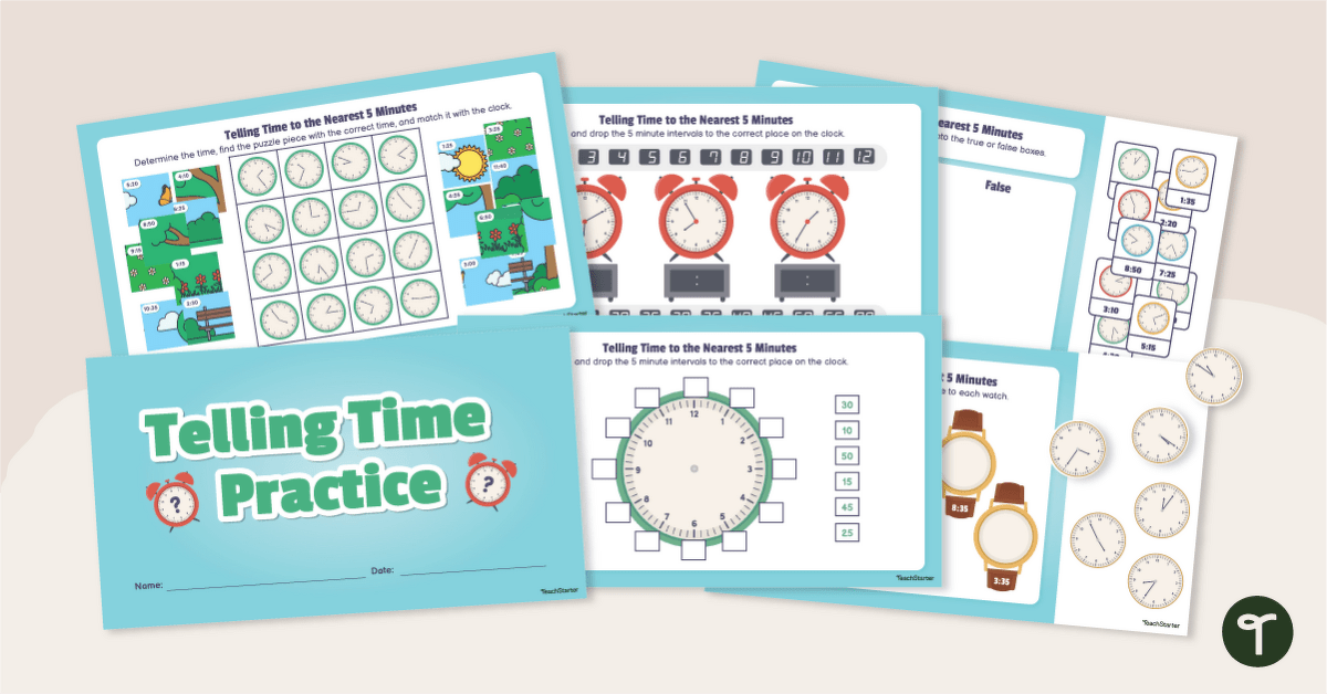 Telling Time to the Nearest Five Minutes - Interactive Activities teaching resource