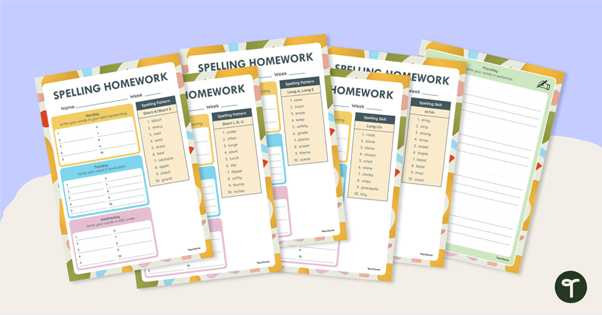 Weekly Spelling Homework-Year-Long Spelling Worksheets teaching resource