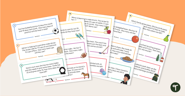 Preview image for Addition and Subtraction Word Problem Task Cards (Numbers 10-50) - teaching resource