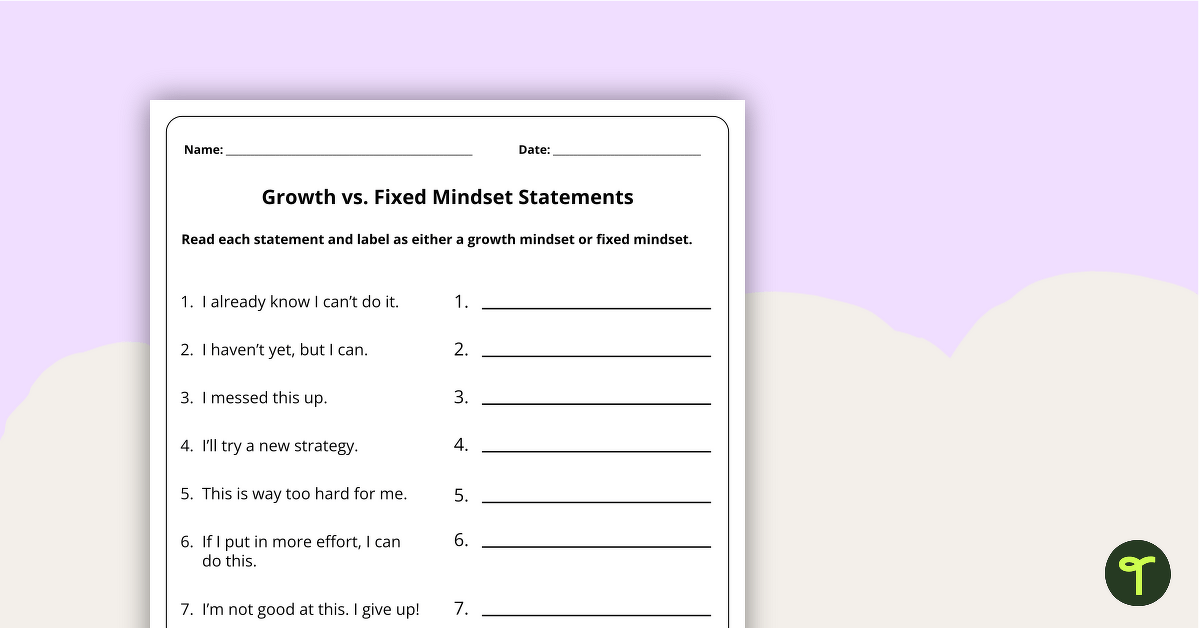 Growth vs. Fixed Mindset Statements - Worksheet teaching resource