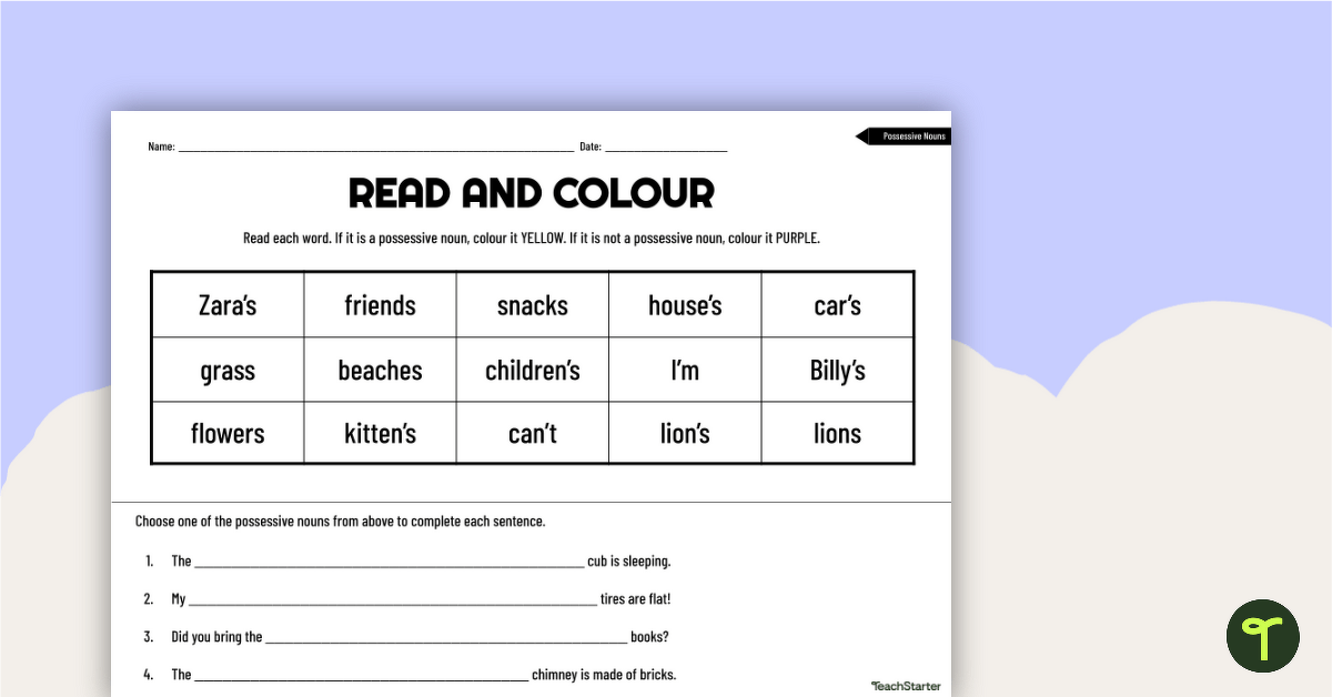Read and Colour Worksheet – Possessive Nouns teaching resource