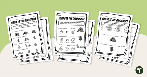 where is the dinosaur positional words differentiated worksheets teach starter