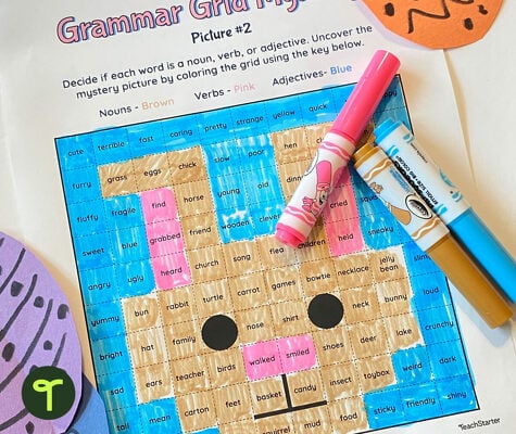 Grammar Grid Mystery Picture Worksheet- Nouns, Verbs, Adjectives (Bunny) teaching resource