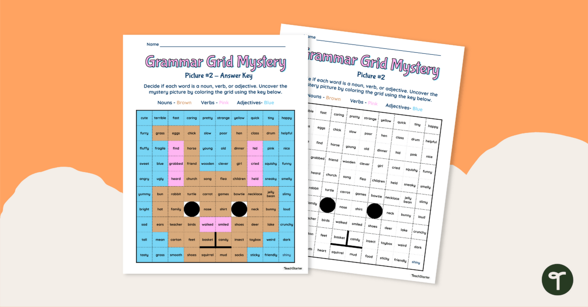Grammar Grid Mystery Picture Worksheet- Nouns, Verbs, Adjectives (Bunny) teaching resource
