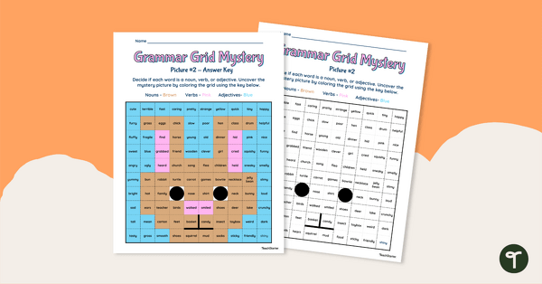 Image of Grammar Grid Mystery Picture Worksheet- Nouns, Verbs, Adjectives (Bunny)