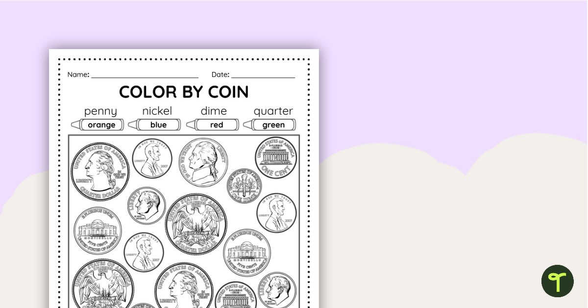 Color by Coin - Coin Identification Worksheet teaching resource
