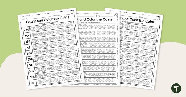 Image of Count and Color the Coins - Differentiated Worksheets