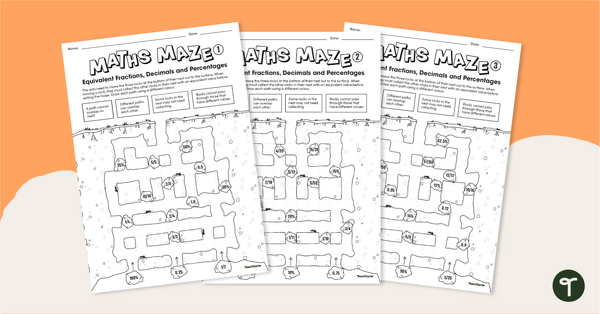 Go to Maths Mazes (Equivalent Fractions, Decimals and Percentages) teaching resource