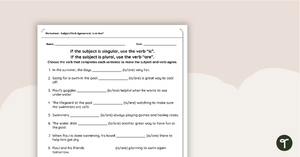 Go to Is/Are Subject Verb Agreement Worksheet teaching resource