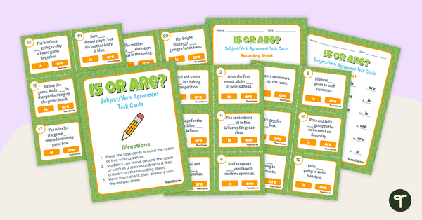 Is/Are Subject Verb Agreement Task Cards teaching resource