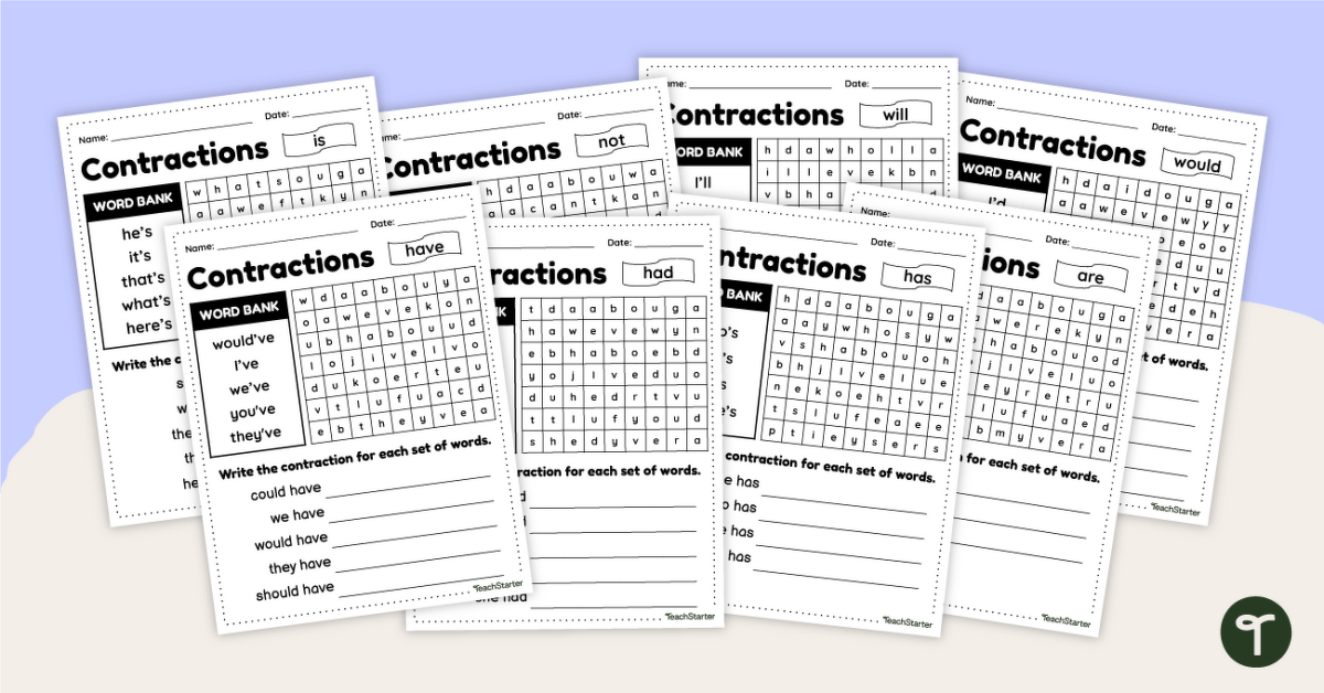 Contractions Practice Worksheets teaching resource