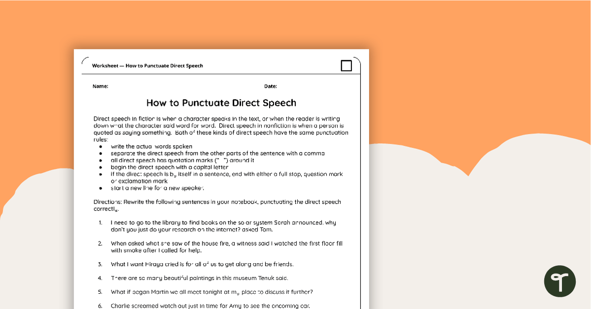 How to Punctuate Direct Speech Worksheet teaching resource
