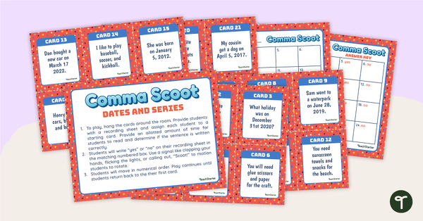 Using Commas in Dates and Series - SCOOT! Game teaching resource