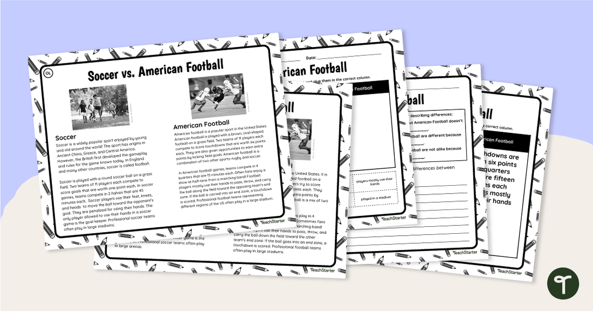 Soccer vs. Football -Differentiated Paired Passage Worksheets teaching resource
