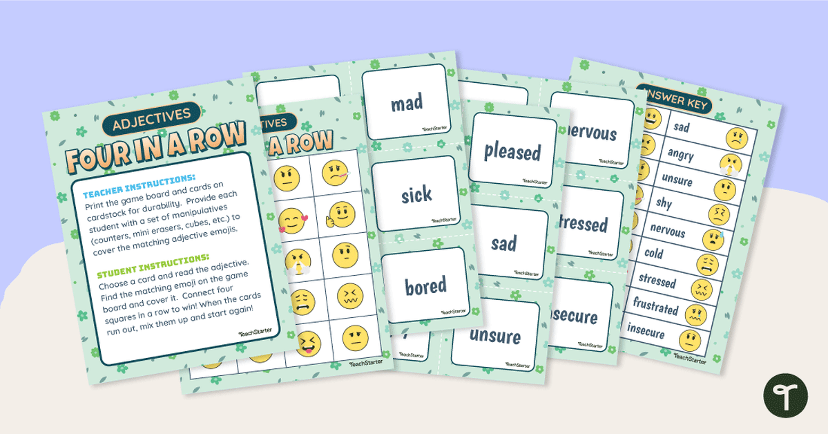 Adjective Emoji Four in a Row teaching resource