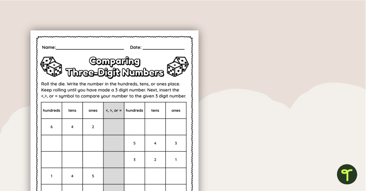 Comparing Three-Digit Numbers – Worksheet teaching resource