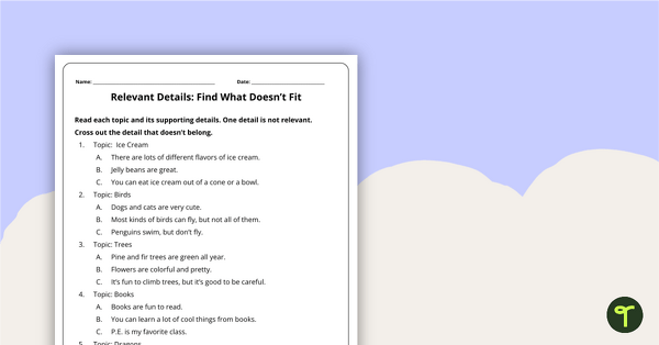 Find What Doesn't Fit: Relevant Details Worksheet | Teach Starter