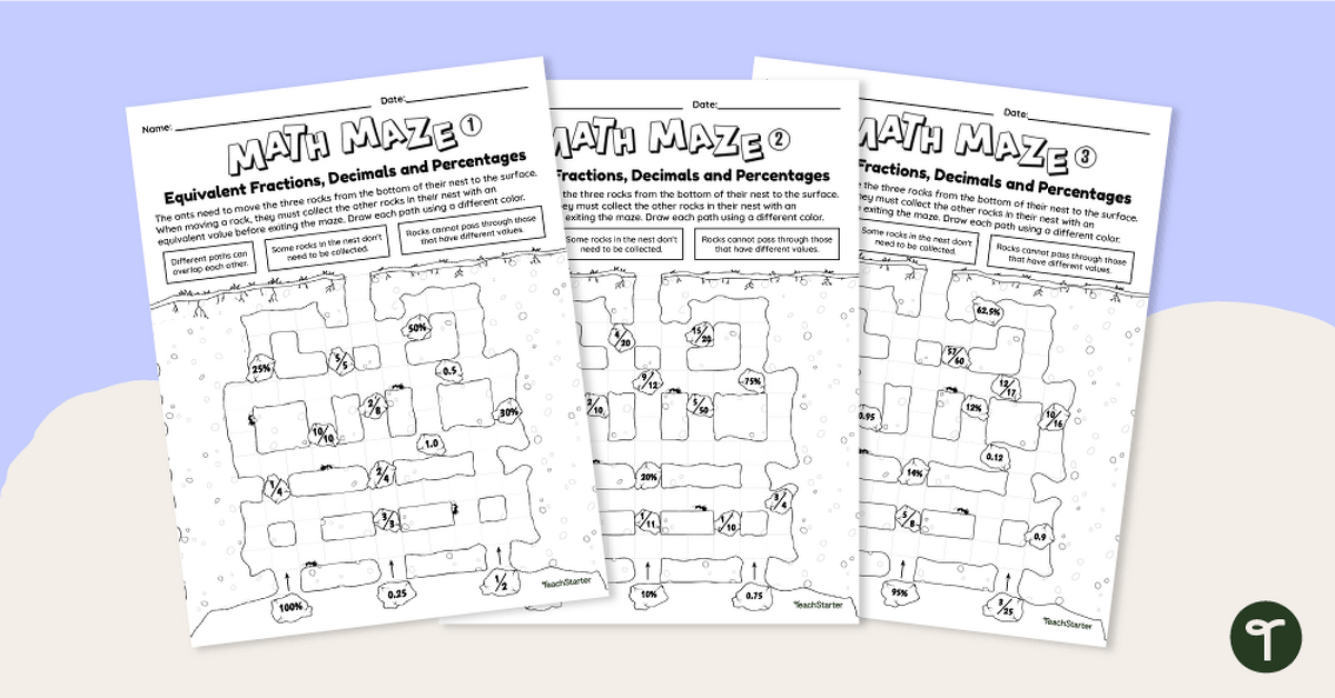 Math Mazes (Equivalent Fractions, Decimals, and Percentages) teaching resource