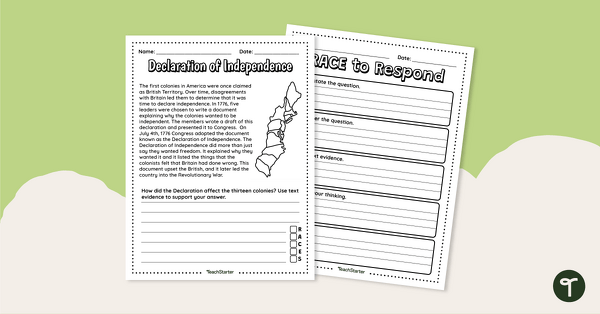 Declaration of Independence- Constructed Response Passage Worksheet teaching resource