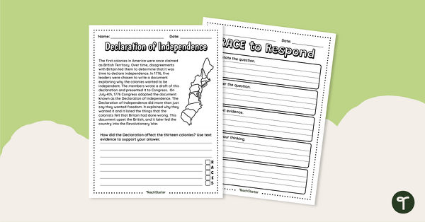 Image of Declaration of Independence- Constructed Response Passage Worksheet