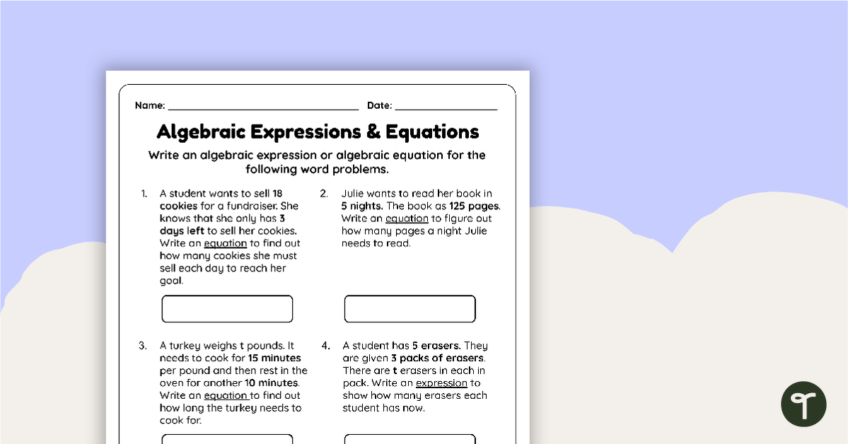 Algebraic Expressions & Equations – Worksheet teaching resource