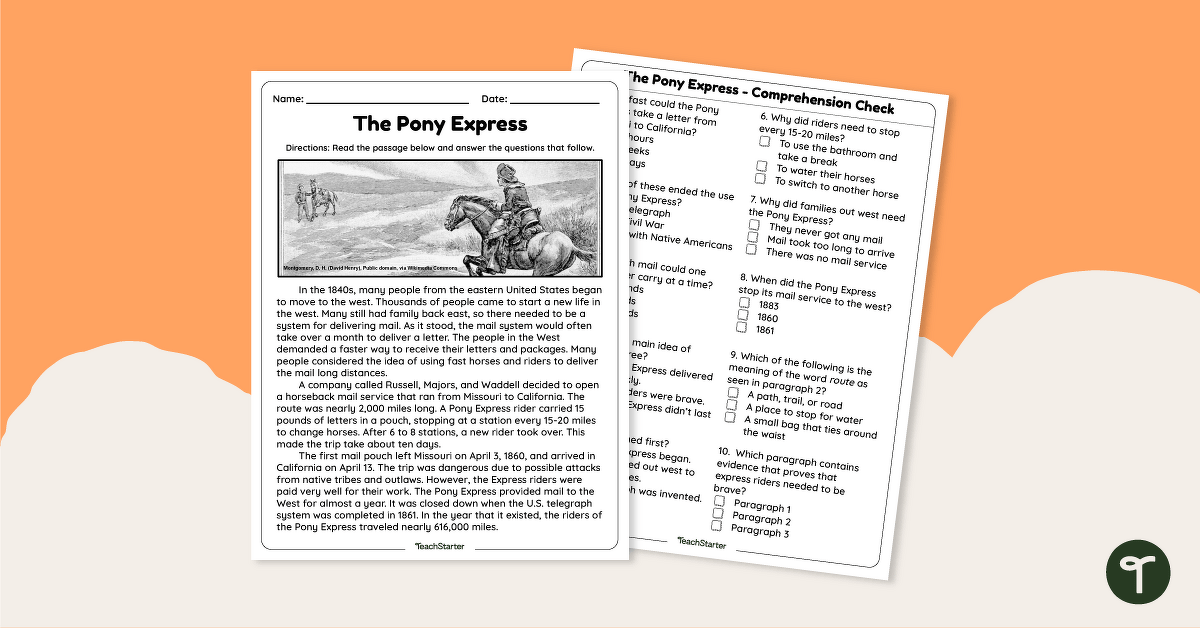 The Pony Express - Comprehension Passage Worksheet teaching resource