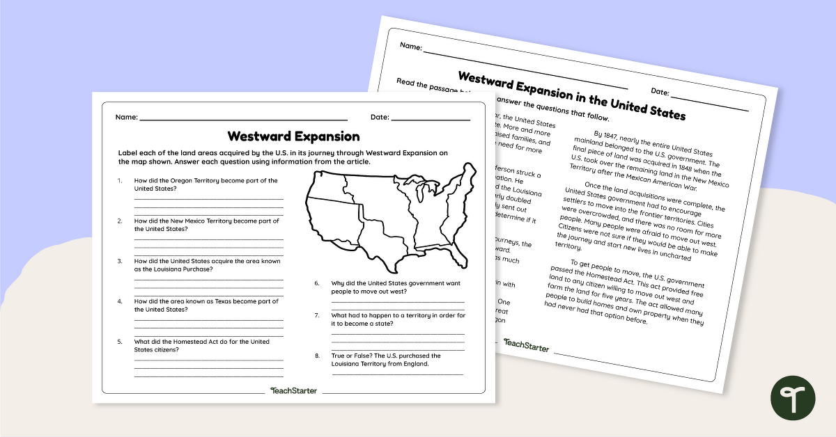Westward Expansion Reading Comprehension Worksheet teaching resource