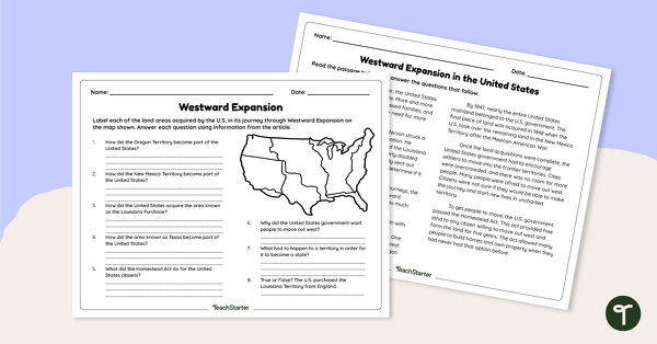 去to Westward Expansion Reading Comprehension Worksheet teaching resource