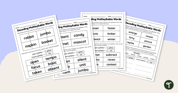 Multisyllable Words Worksheets teaching resource