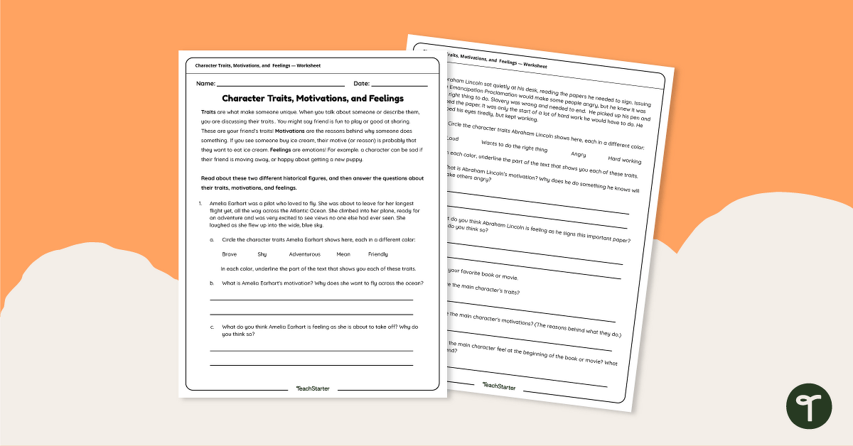 Character Traits, Motivations and Feelings Worksheet teaching resource