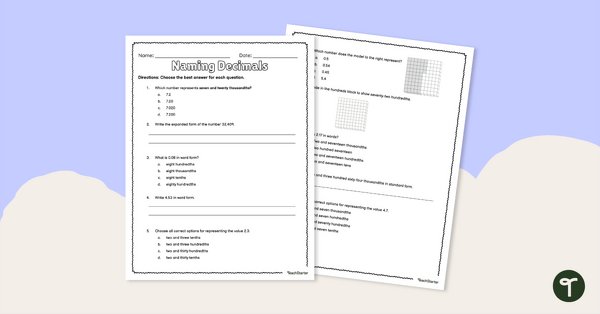 Go to Naming Decimals – Place Value Worksheet teaching resource