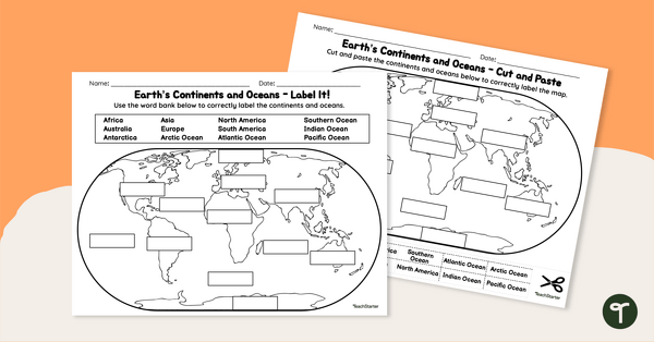 Labeling the Continents and Oceans Worksheets teaching resource