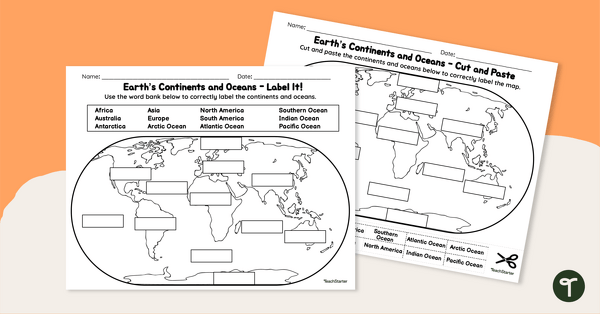 Labeling the Continents and Oceans Worksheets | Teach Starter